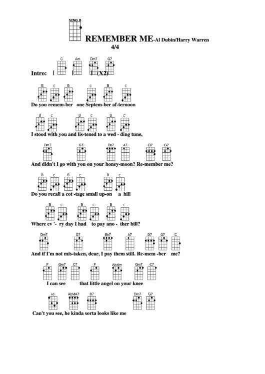 Remember Me-Al Dubin/harry Warren Chord Chart Printable pdf