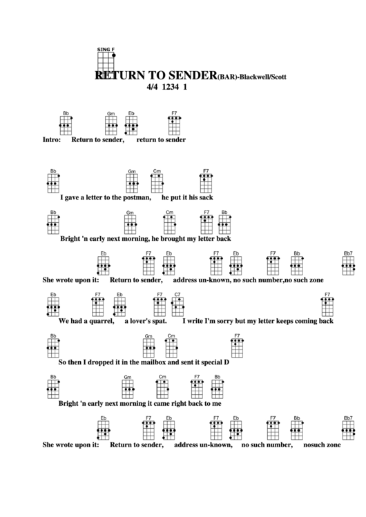 Return To Sender (Bar) - Blackwell/scott Chord Chart Printable pdf
