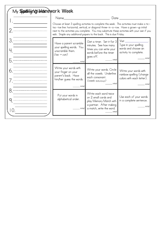 Spelling Tic-Tac-Toe - Spelling Homework Week Printable pdf