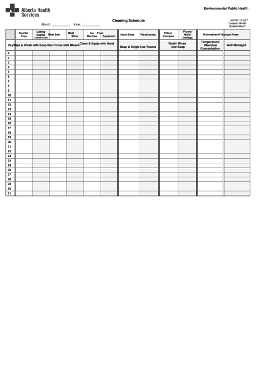 Cleaning Schedule Template Printable pdf
