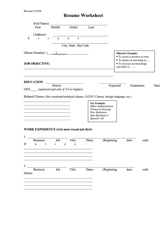 Resume Worksheet Template Printable pdf
