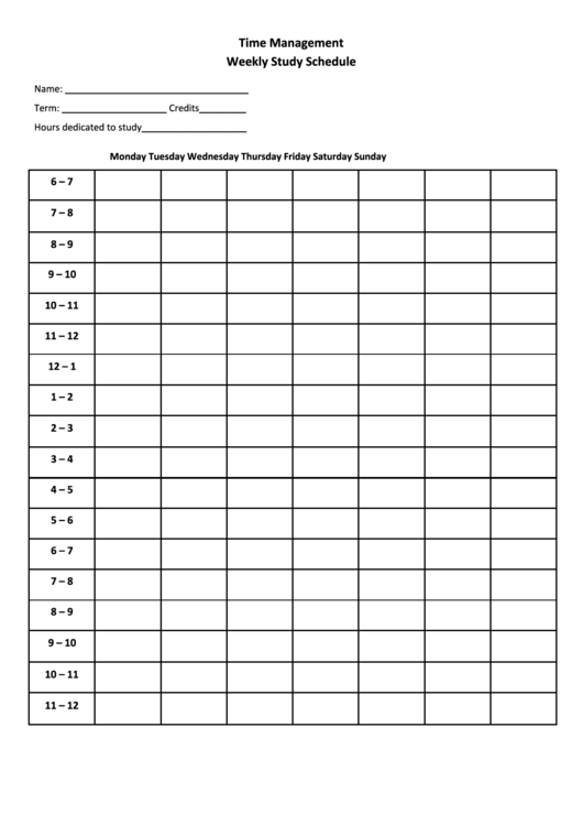 Time Management Weekly Study Schedule Template Printable pdf