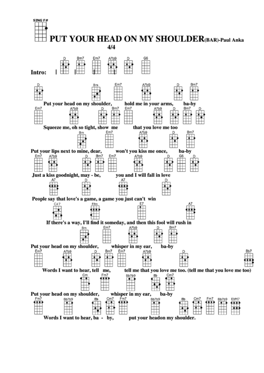 Put Your Head On My Shoulder(Bar)-Paul Anka Chord Chart Printable pdf