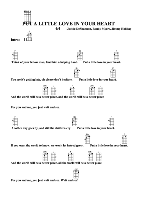 Put A Little Love In Your Heart - Jackie Deshannon, Randy Myers, Jimmy Holiday Chord Chart Printable pdf