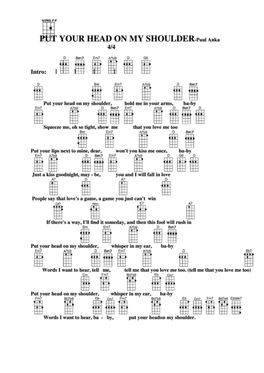Put Your Head On My Shoulder-Paul Anka Chord Chart Printable pdf