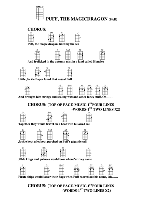 Chord Chart - Puff, The Magic Dragon (Bar) Printable pdf