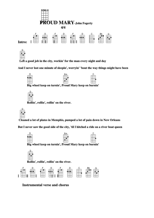 Proud Mary - John Fogerty Chord Chart Printable pdf