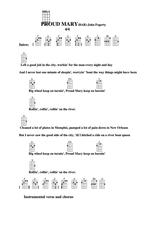 Proud Mary (Bar) - John Fogerty Chord Chart Printable pdf