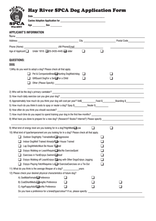 Dog Application Form printable pdf download