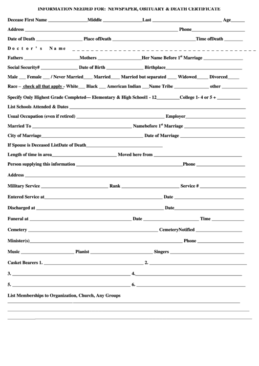 Information Needed For: Newspaper, Obituary & Death Certificate Printable pdf