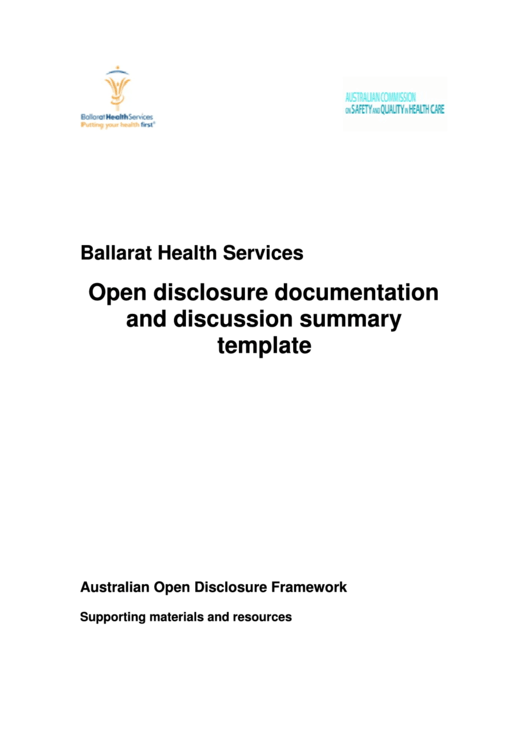 Open Disclosure Documentation And Discussion Summary Template Printable pdf