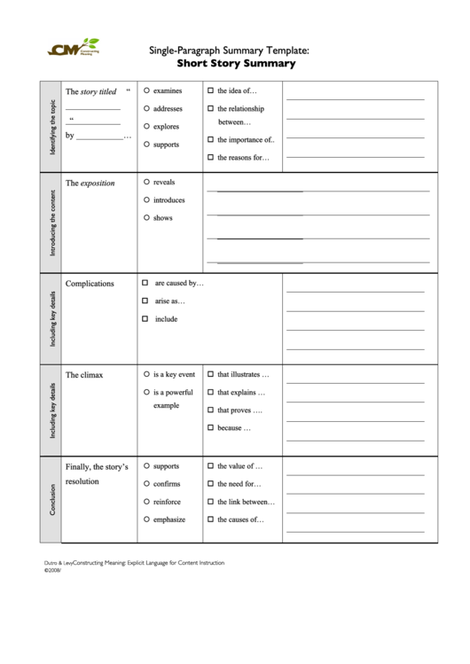 Single-Paragraph Summary Template: Short Story Summary Printable pdf