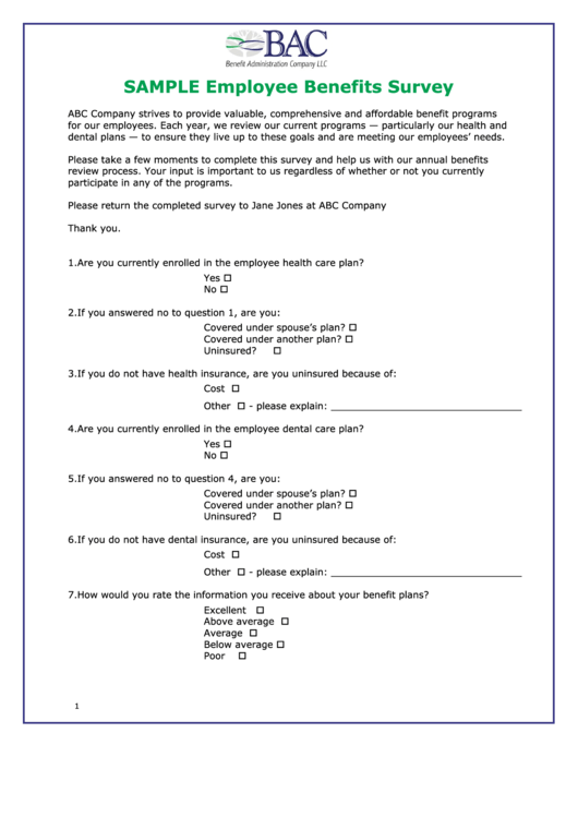 Sample Employee Benefits Survey Template Printable pdf