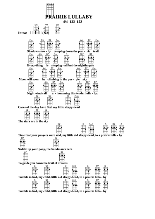 Prairie Lullaby Chord Chart Printable pdf