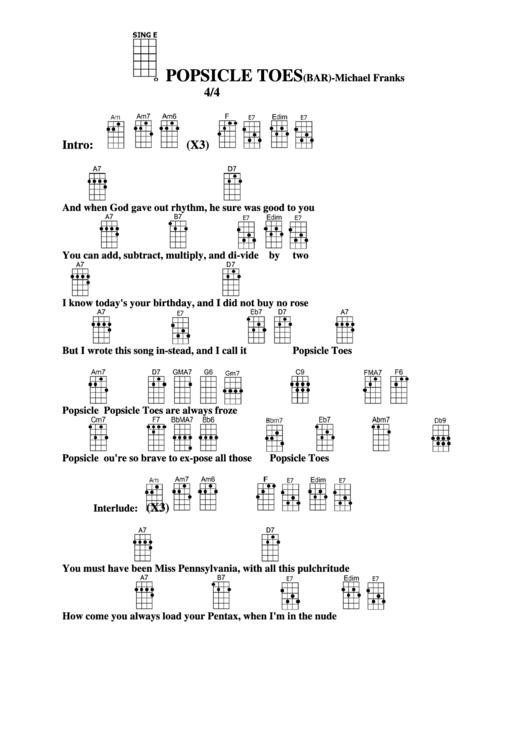Popsicle Toes (Bar) - Michael Franks Chord Chart Printable pdf