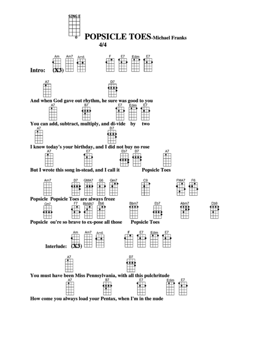Popsicle Toes - Michael Frank Chord Chart Printable pdf