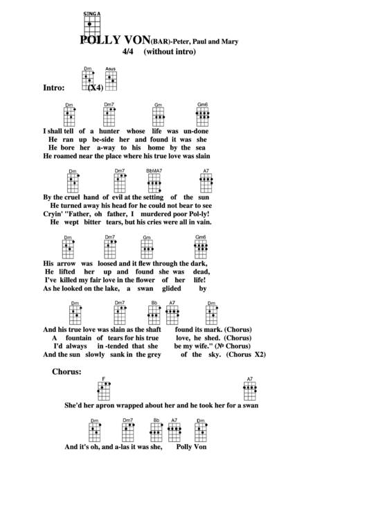 Polly Von (Bar) - Peter, Paul And Mary Chord Chart Printable pdf