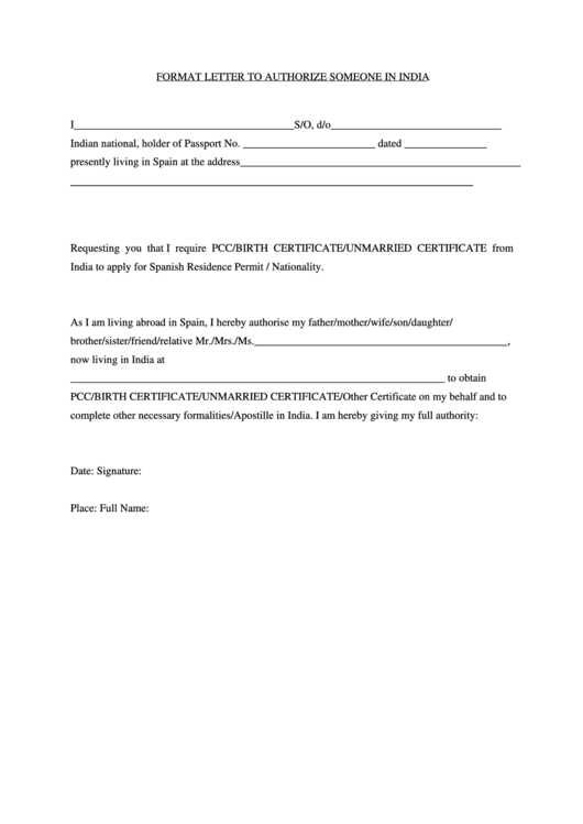 Format Letter To Authorize Someone In India Printable pdf