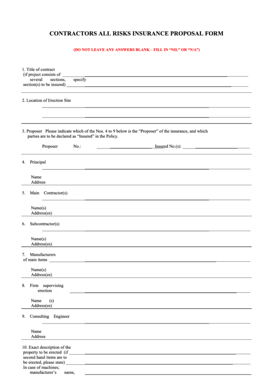 Contractors All Risks Insurance Proposal Form Printable pdf