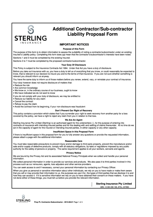 Additional Contractor Liability Proposal Form Printable pdf