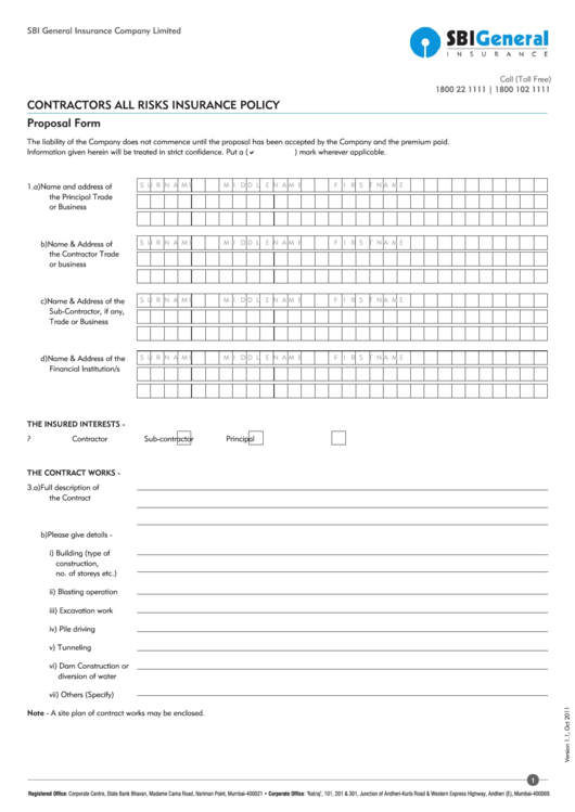 Contractors All Risks Insurance Policy Form Printable pdf