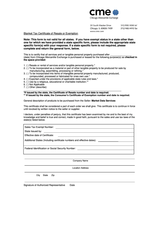 Tax Certificate Of Resale Or Exemption Printable pdf