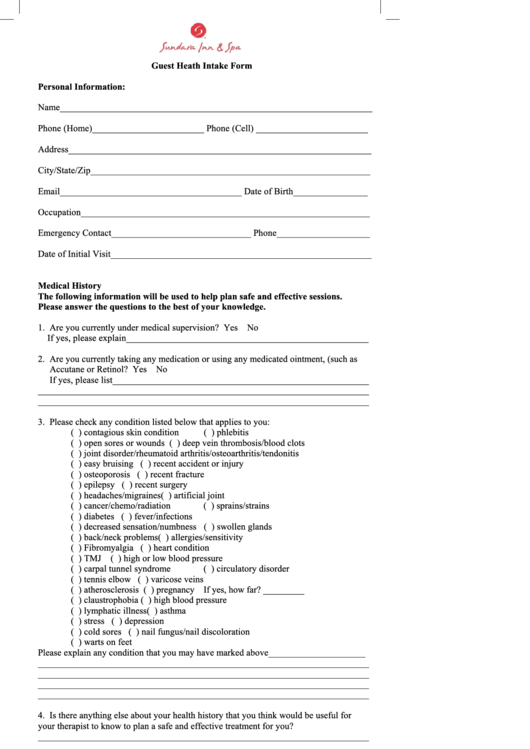 Spa Health Intake Form printable pdf download
