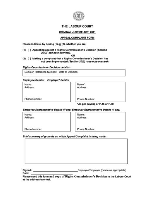 Criminal Justice Act, 2011 Appeal/complaint Form Printable pdf