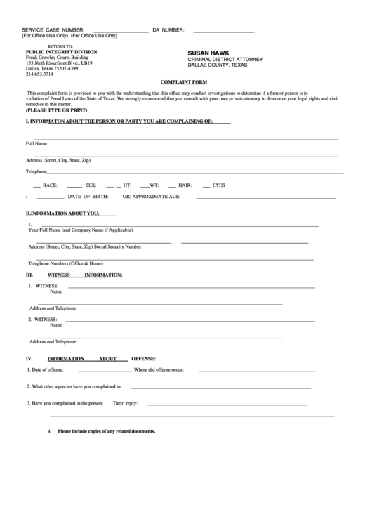 Public Integrity Complaint Form, Dallas County Printable pdf