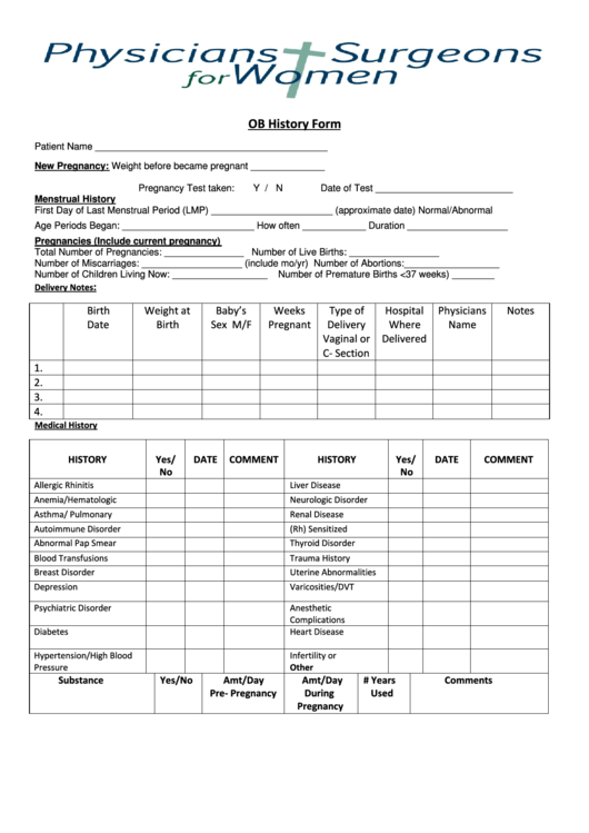 Ob (Obstetrical) History Form printable pdf download