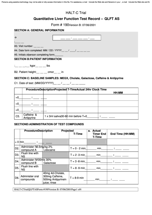 Form 190 - Quantitative Liver Function Test Record Printable pdf