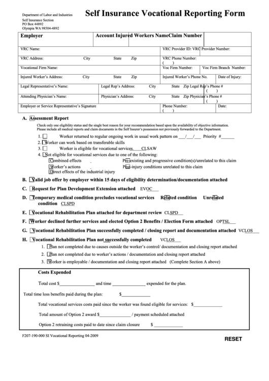 Fillable Form F207-190-000 - Self Insurance Vocational Reporting Form Printable pdf
