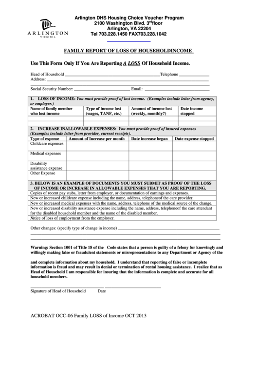 Fillable Arlington Dhs Housing Choice Voucher Program Family Report Of Loss Of Household Income Printable pdf