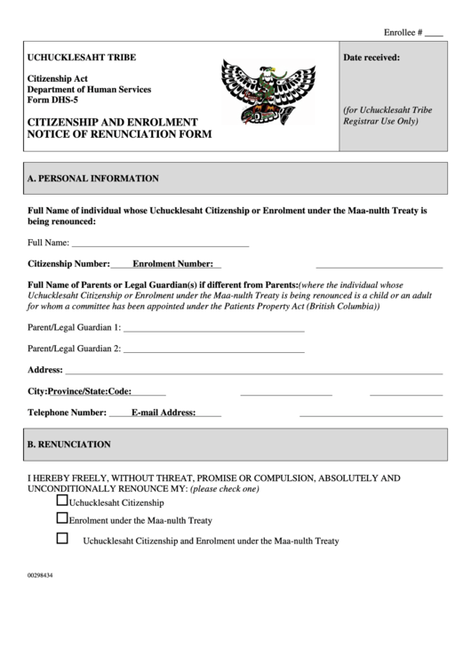 Fillable Citizenship And Enrollment Renunciation Form - Uchucklesaht Tribe Printable pdf