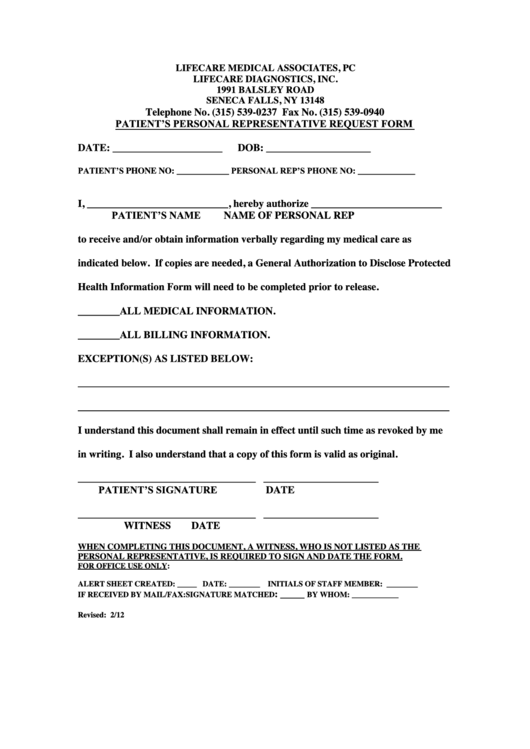 Patient Personal Representative Request Form Printable pdf
