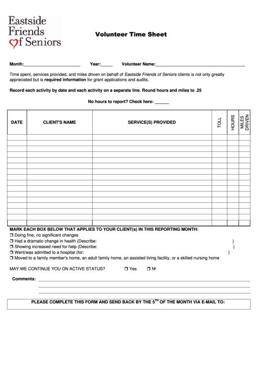 Volunteer Time Sheet Printable pdf