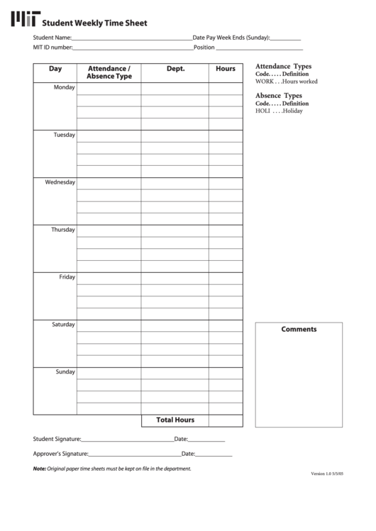 Student Weekly Time Sheet Printable pdf