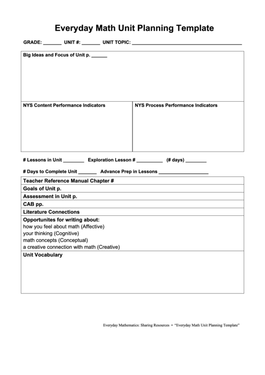 Everyday Math Unit Planning Template Printable pdf
