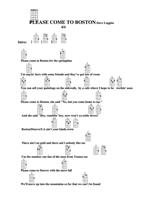 Please Come To Boston - Dave Loggins Chord Chart Printable pdf