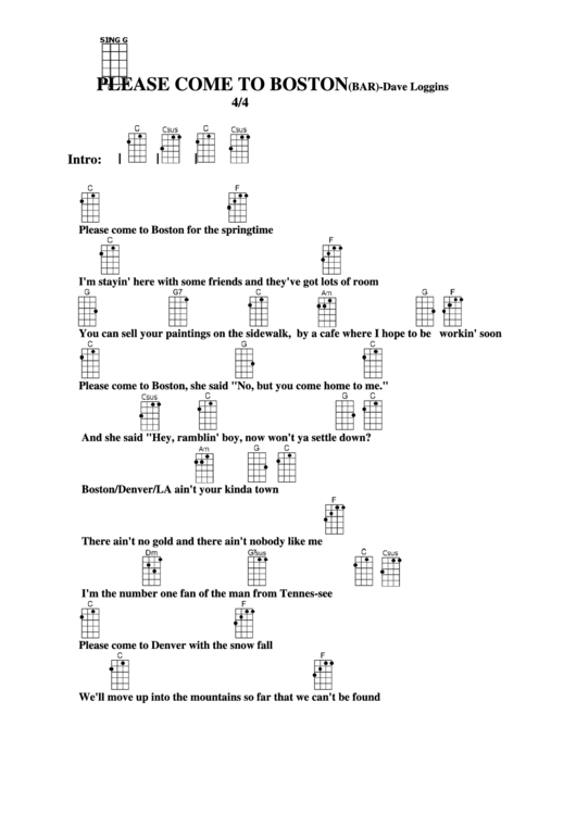 Please Come To Boston (Bar) - Dave Loggins Chord Chart Printable pdf