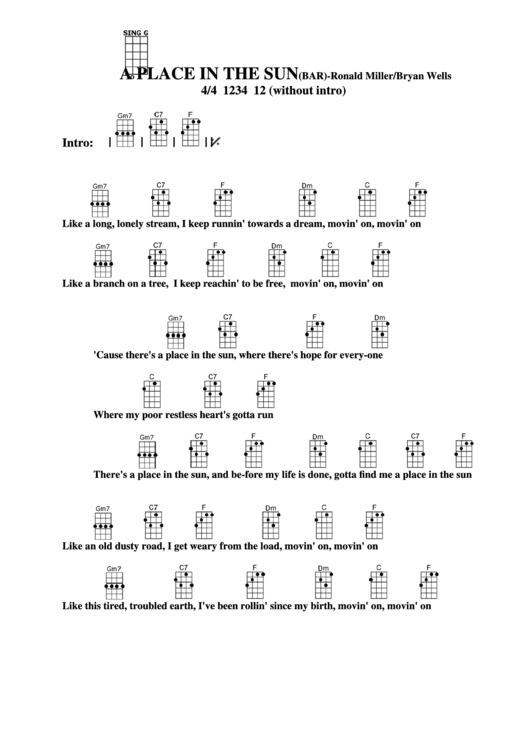 A Place In The Sun (Bar) - Ronald Miller/bryan Wells Chord Chart Printable pdf