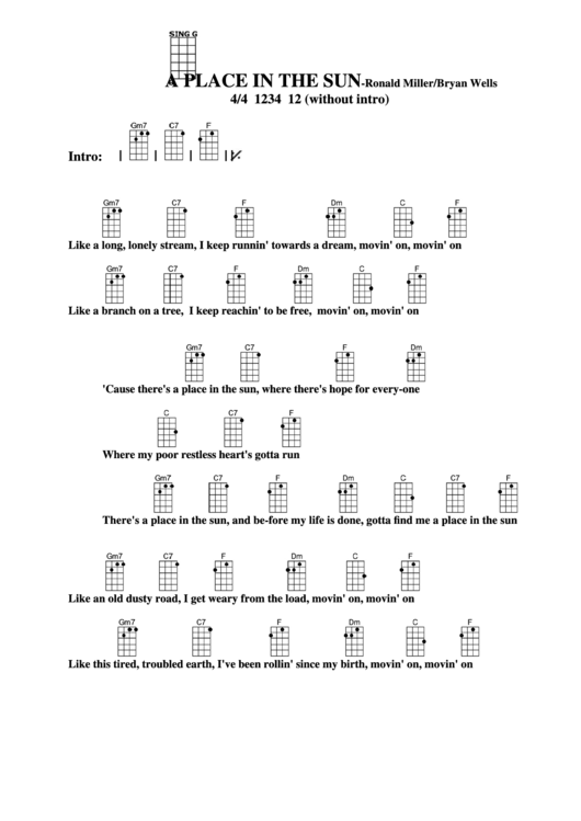 A Place In The Sun - Ronald Miller/bryan Wells Chord Chart Printable pdf