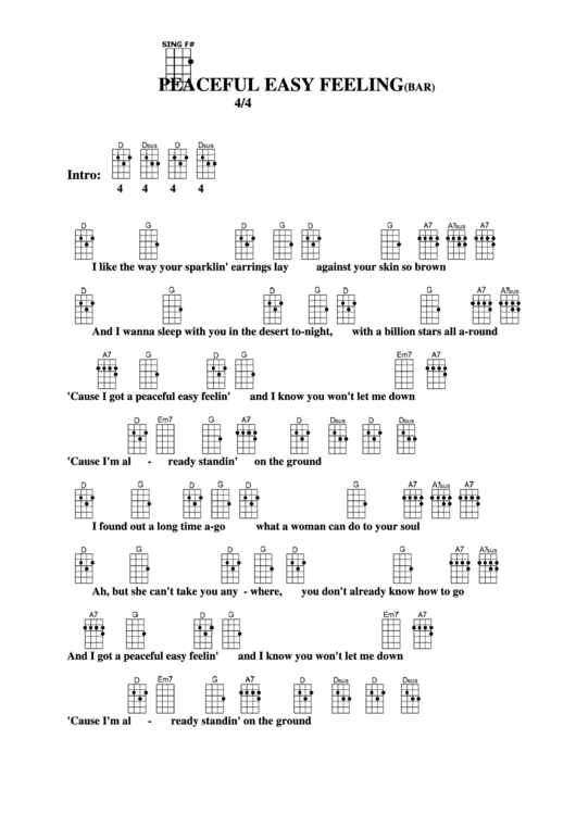 Peaceful Easy Feeling (Bar) Chord Chart Printable pdf