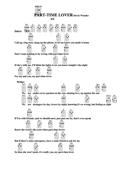 Part-Time Lover - Stevie Wonder Chord Chart Printable pdf