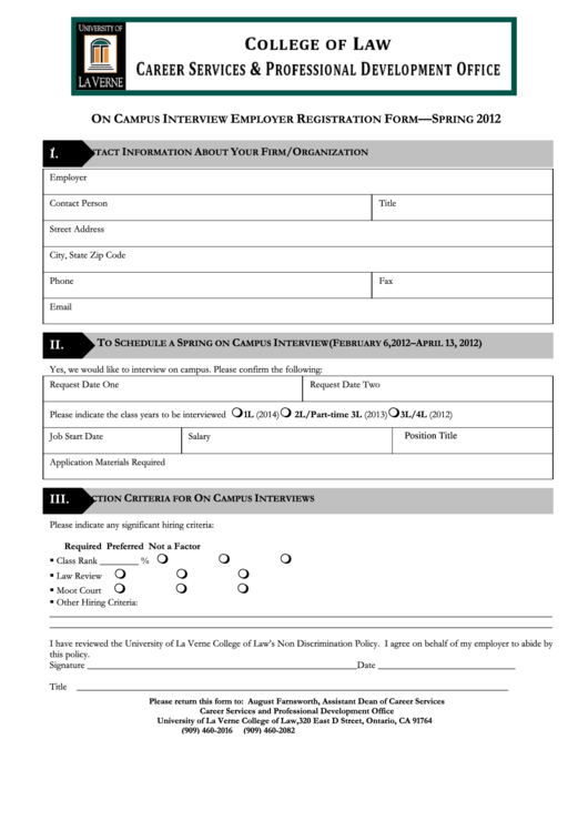 On Campus Interview Employer Registration Form Printable pdf
