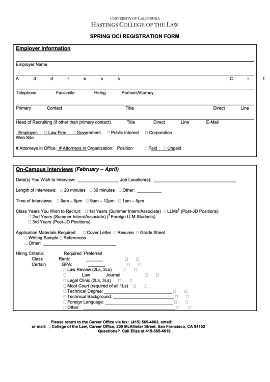 Fillable Spring Oci Registration Form - University Of California Hastings College Of The Law Printable pdf
