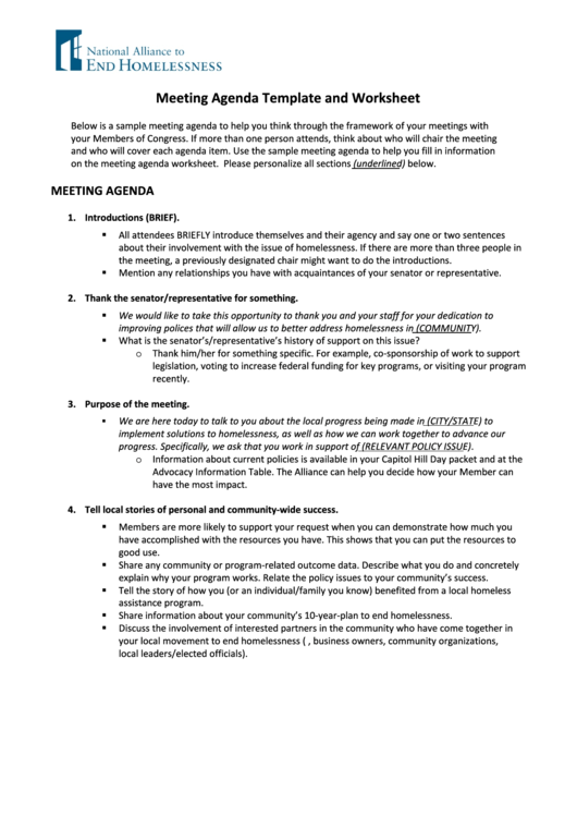Meeting Agenda Template And Worksheet Printable pdf