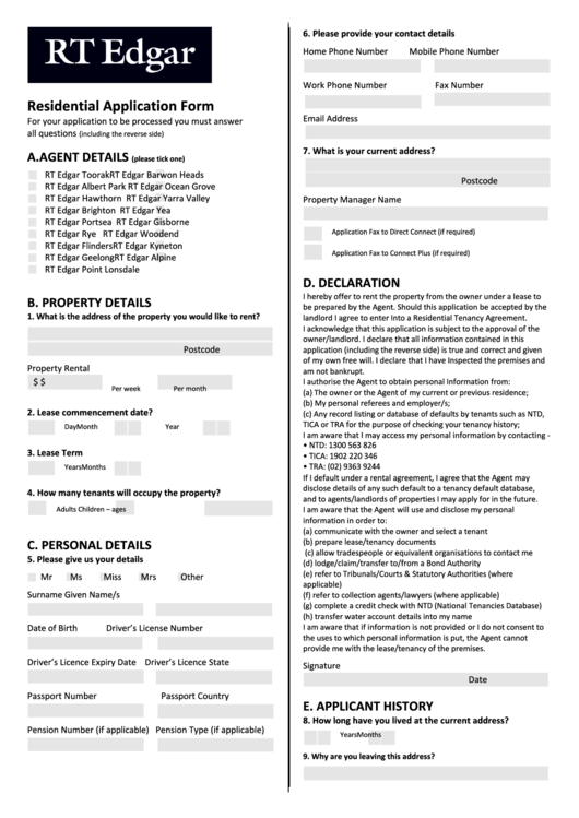 Residential Application Form Printable pdf