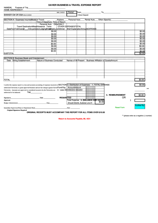 Fillable Xavier Business & Travel Expense Report Form Printable pdf