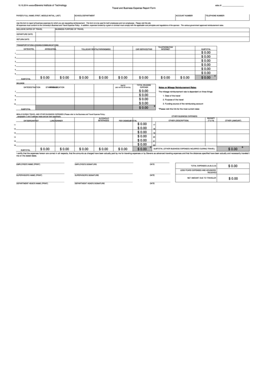 Stevens Institute Of Technology Travel And Business Expense Report Form